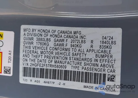 2024 Honda Civic Sport из США, поврежденный, VIN 2HGFE2F57RH580609